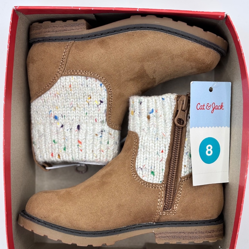 New Cat & Jack Emmaline boots, girl size 8, Cognac brown, sweater ankle cuff